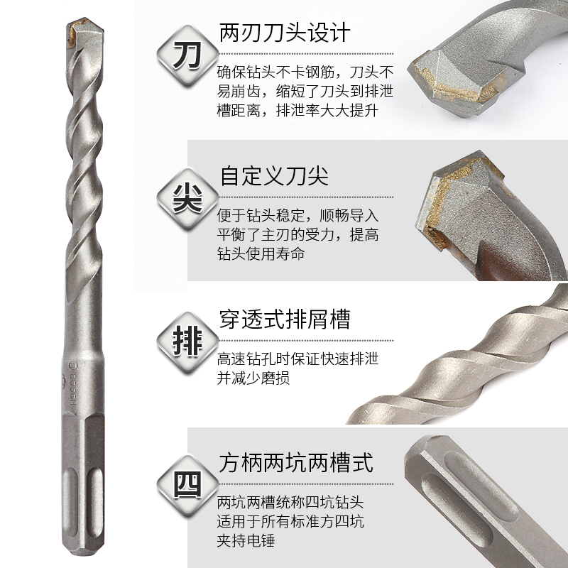 清仓】博世四坑1系方柄电锤钻头加长穿墙钻头混凝土打孔冲击钻头_